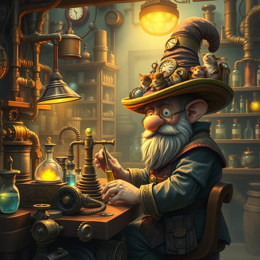 Dwarf Inventor in Fantastical Steampunk Lab