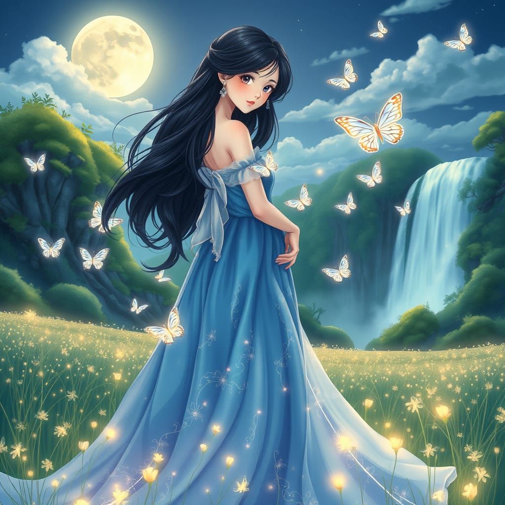 Anime Princess in Enchanted Meadow Under Starry Night Sky