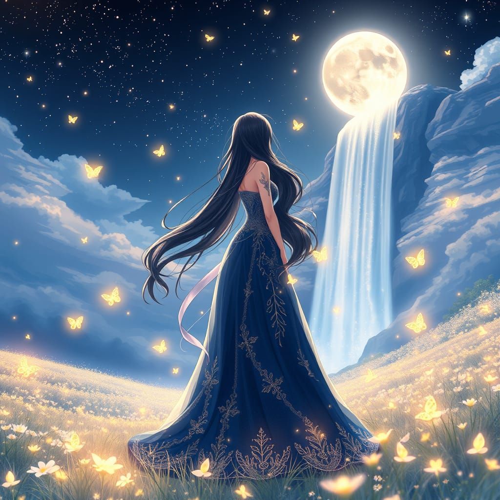 Anime Princess in Moonlit Meadow with Twinkling Stars and Wa...