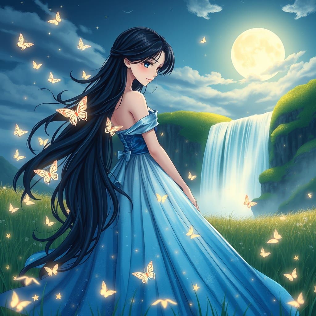 Enchanted Anime Princess in a Dreamy Moonlit Meadow