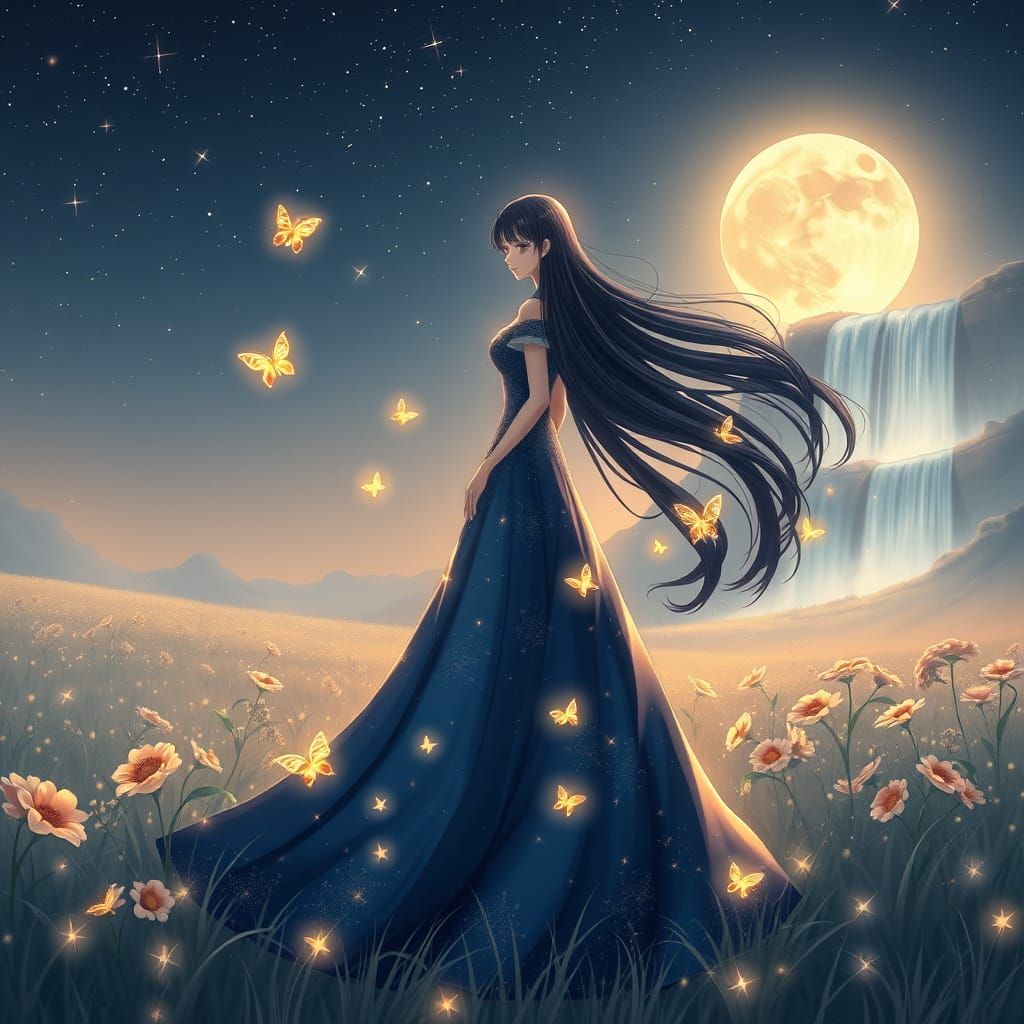 Ethereal Anime Princess Under Starry Night Sky