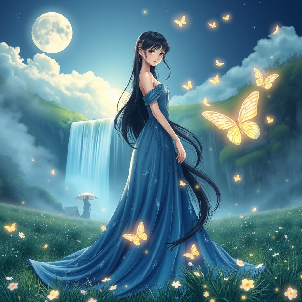 Anime Princess in Dreamy Moonlit Meadow