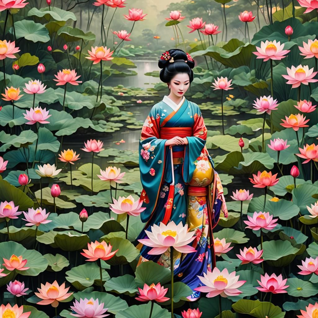 Geishas in Lotus Garden: A Colorful Masterpiece
