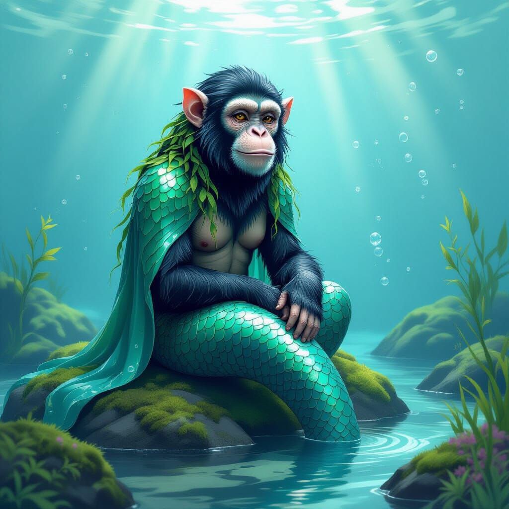Chimp Mermaid in Underwater Scene with Shimmering Scales