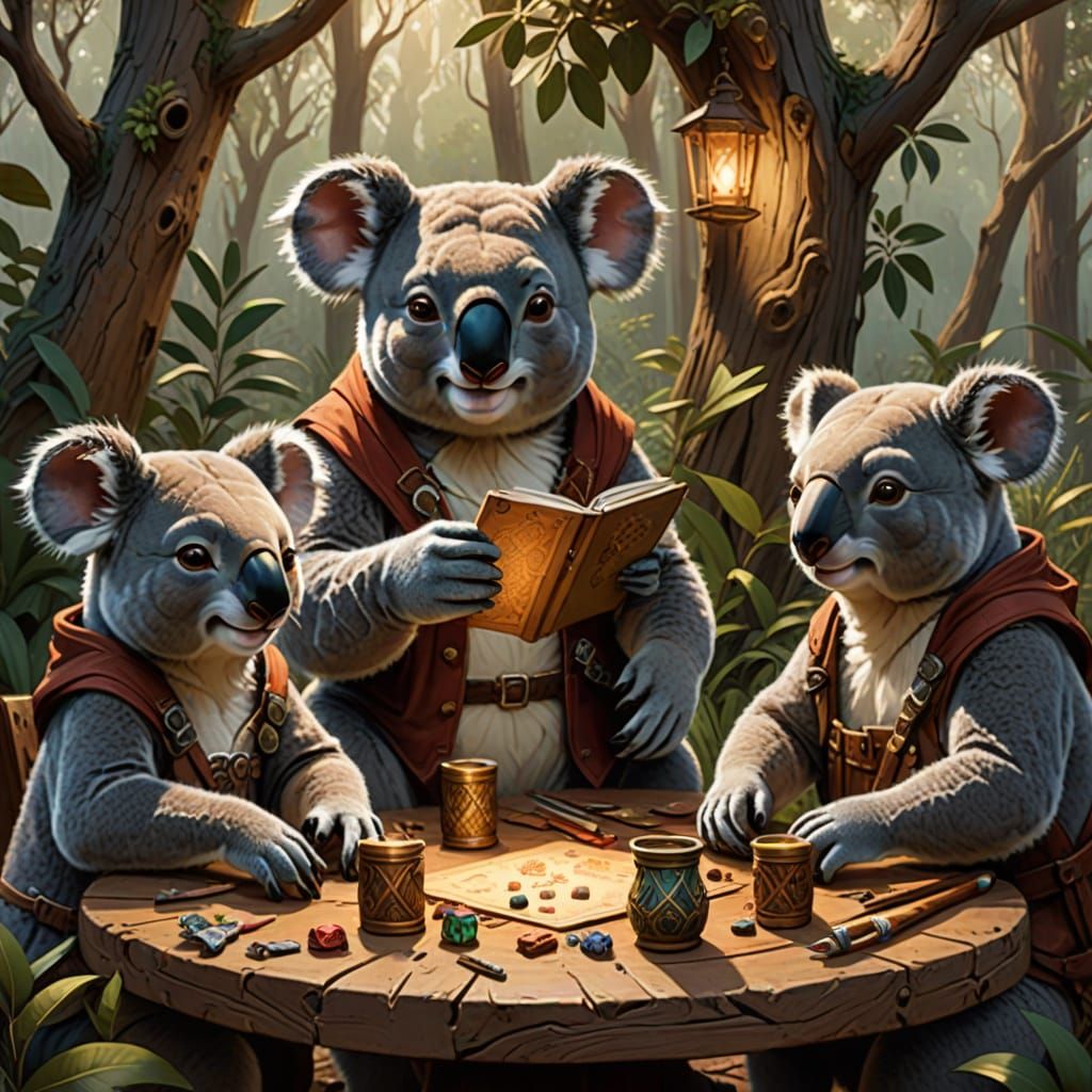 Koalas and Kangaroo Play D&D in Whimsical Bush Setting
