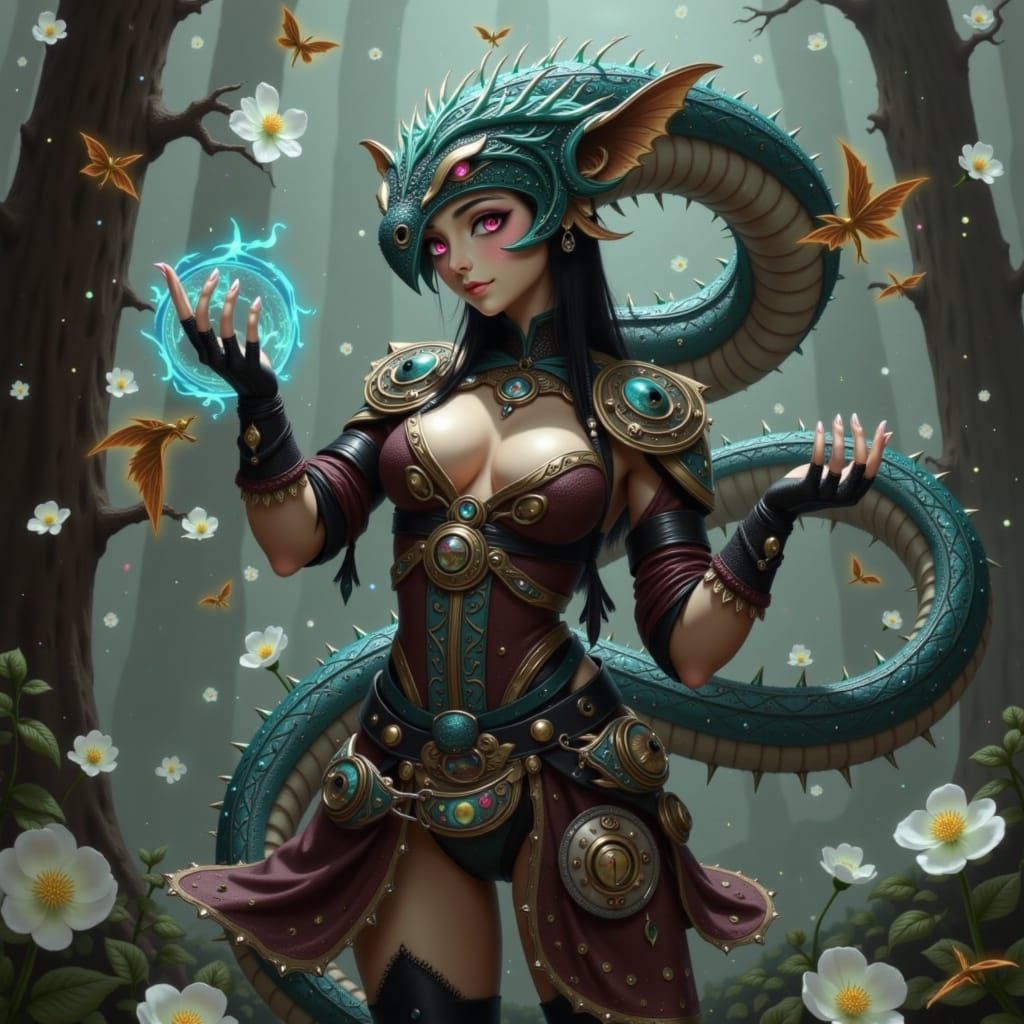 Fantasy Reptilian Sorceress Casting Air Magic