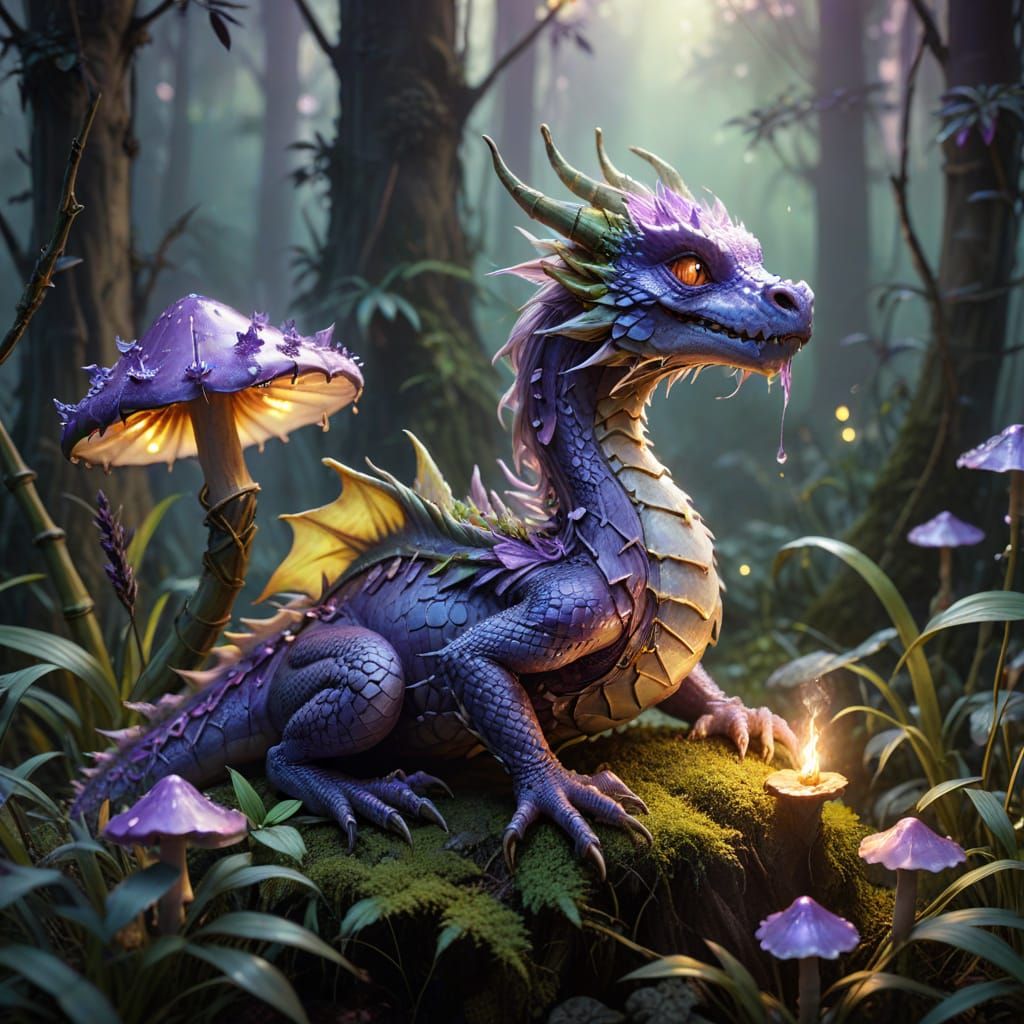 Miniature Dragon with Glowing Mushroom in Fantasy Art