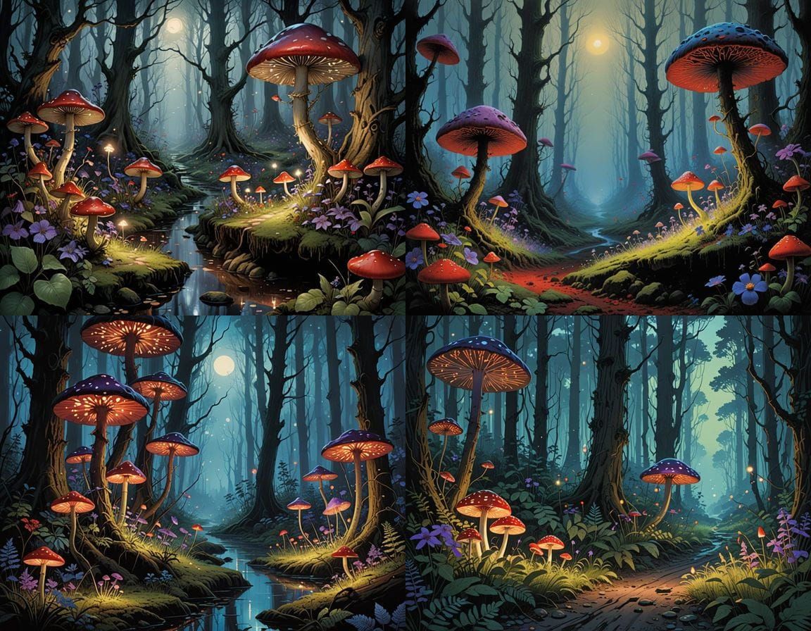 Enchanted Red Mushroom Forest Illuminated by Blue Fireflies