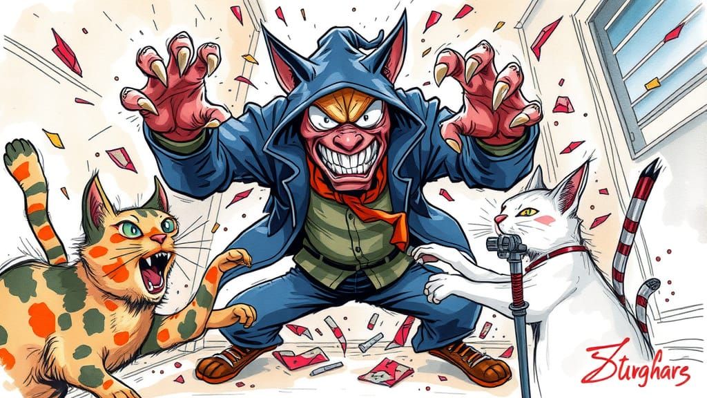 Comical Cat Attack on Burglar in Watercolour Sketch