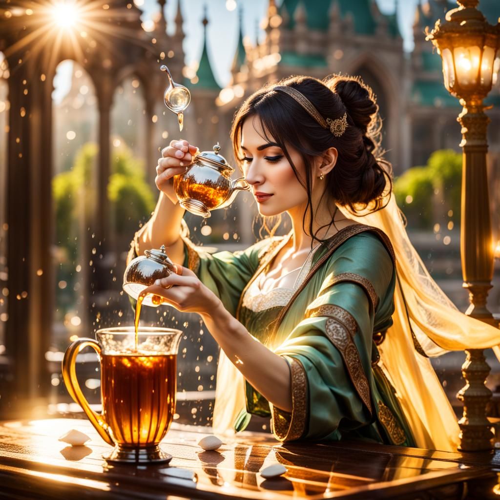 Girl Pours Tea in Palace Court: Photography