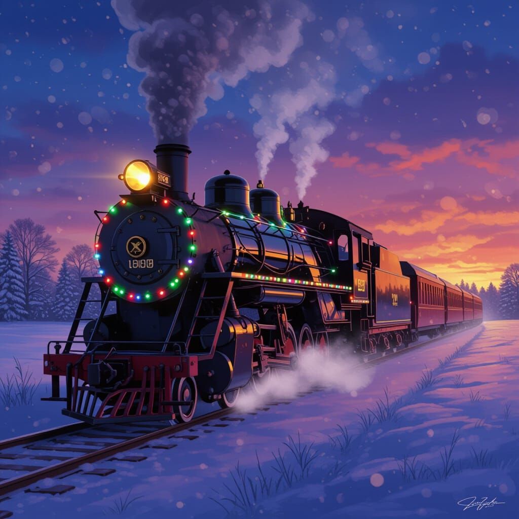 Christmas Steam Train Racing Through Snowy Landscape at Sund...