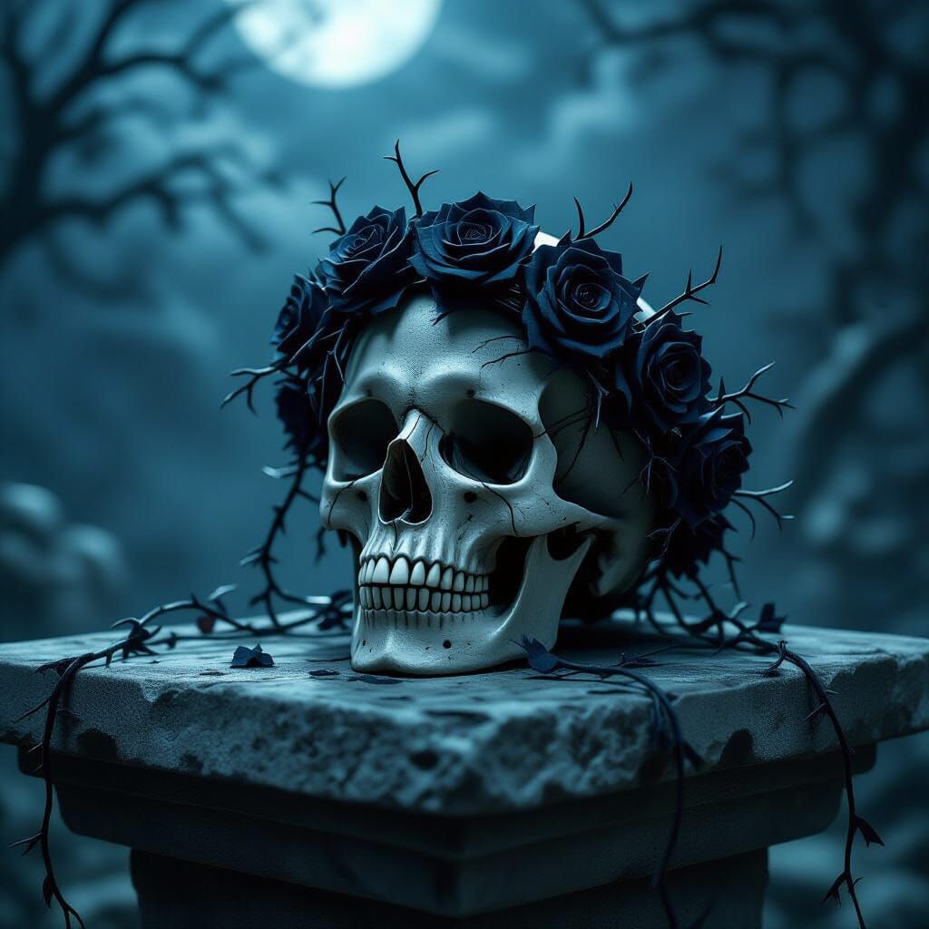 Skull on Altar with Moonlit Vines and Roses