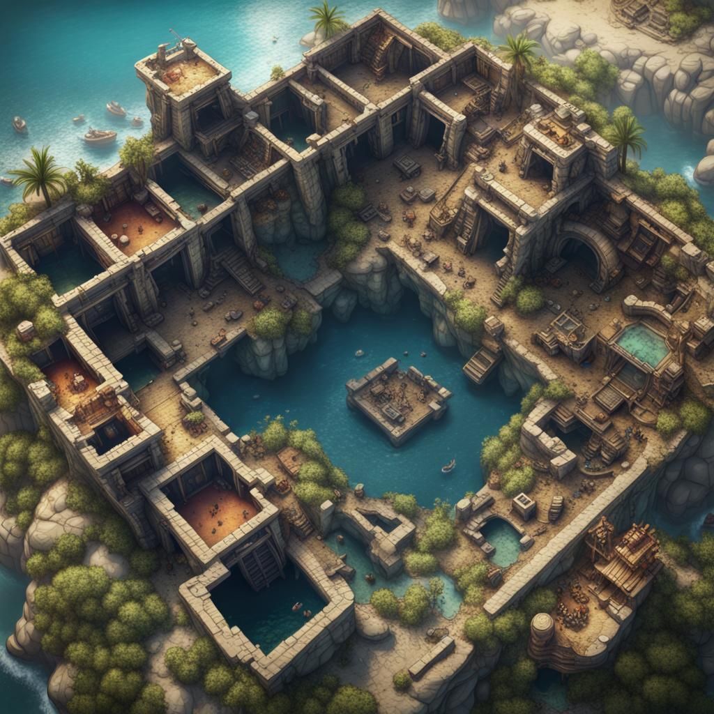 Destroyed Sunken City Aerial View: Detailed Matte Painting