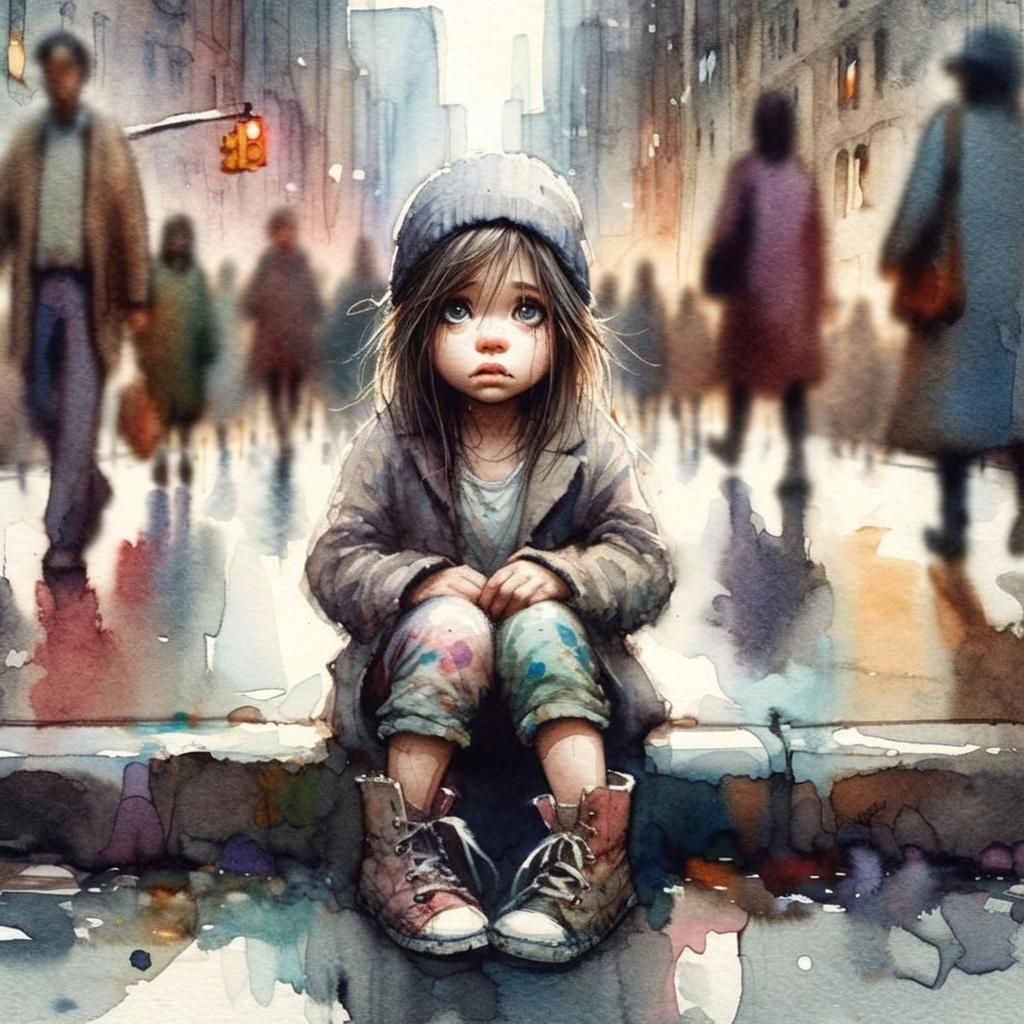 Melancholic Woman in Cityscape: Expressive Watercolor Painti...