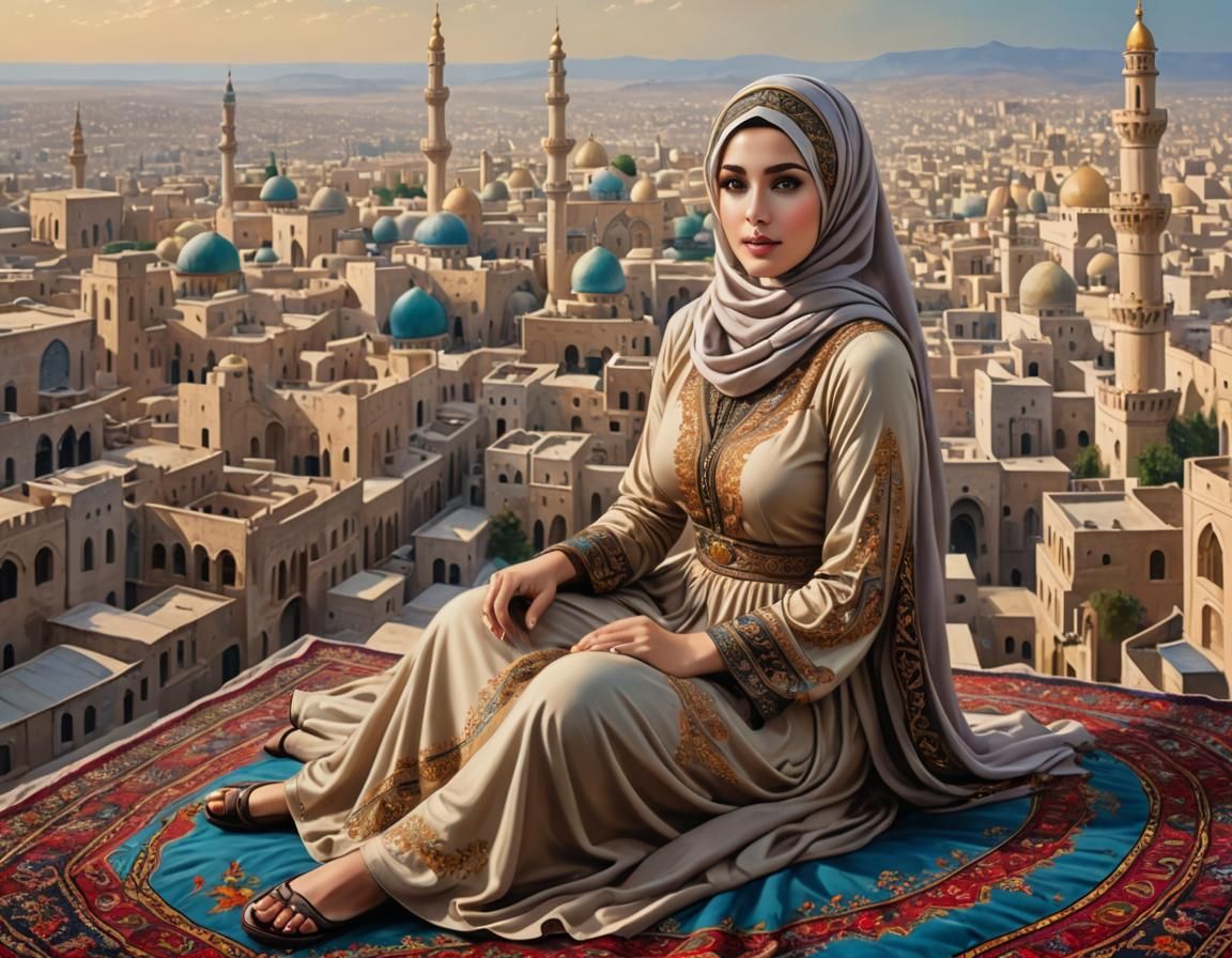 Middle Eastern Woman on Magic Carpet, Oil Painting