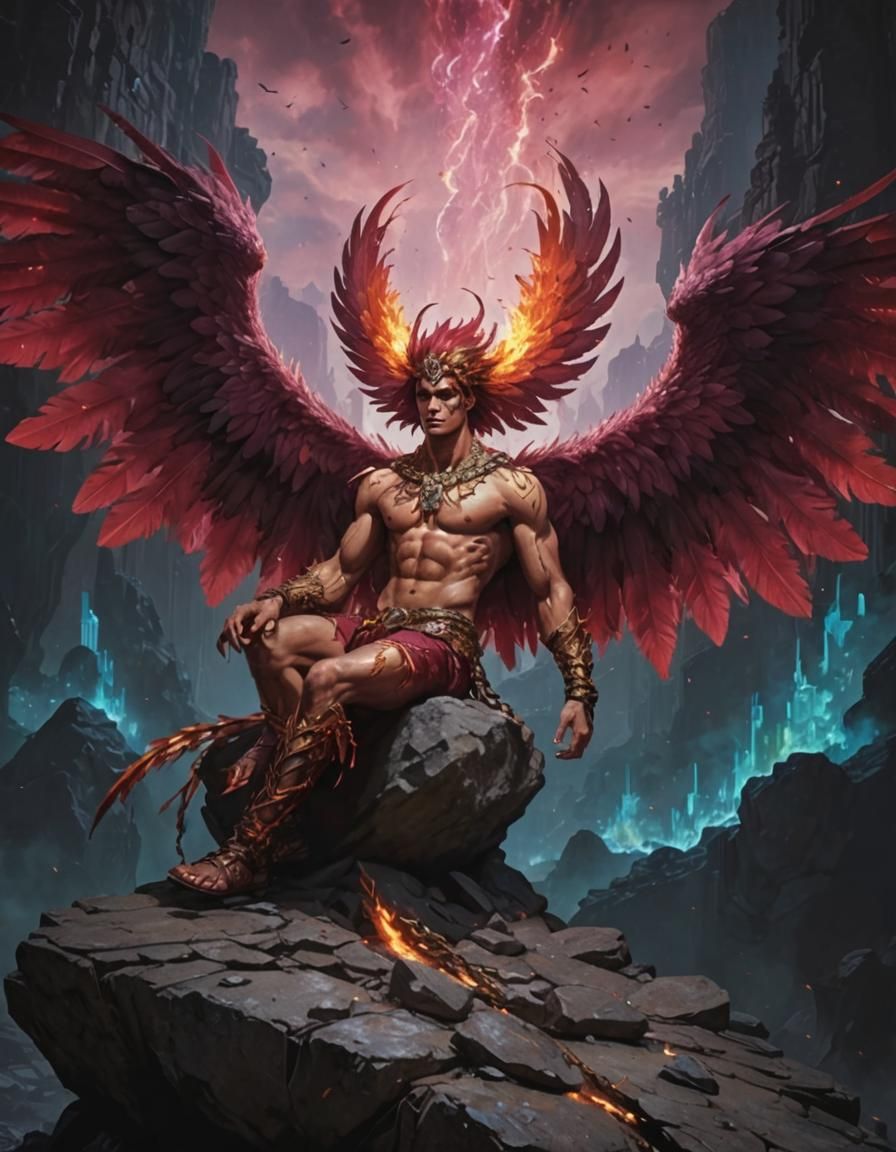 Male Fire Harpy in Glitched Neofuturistic Landscape