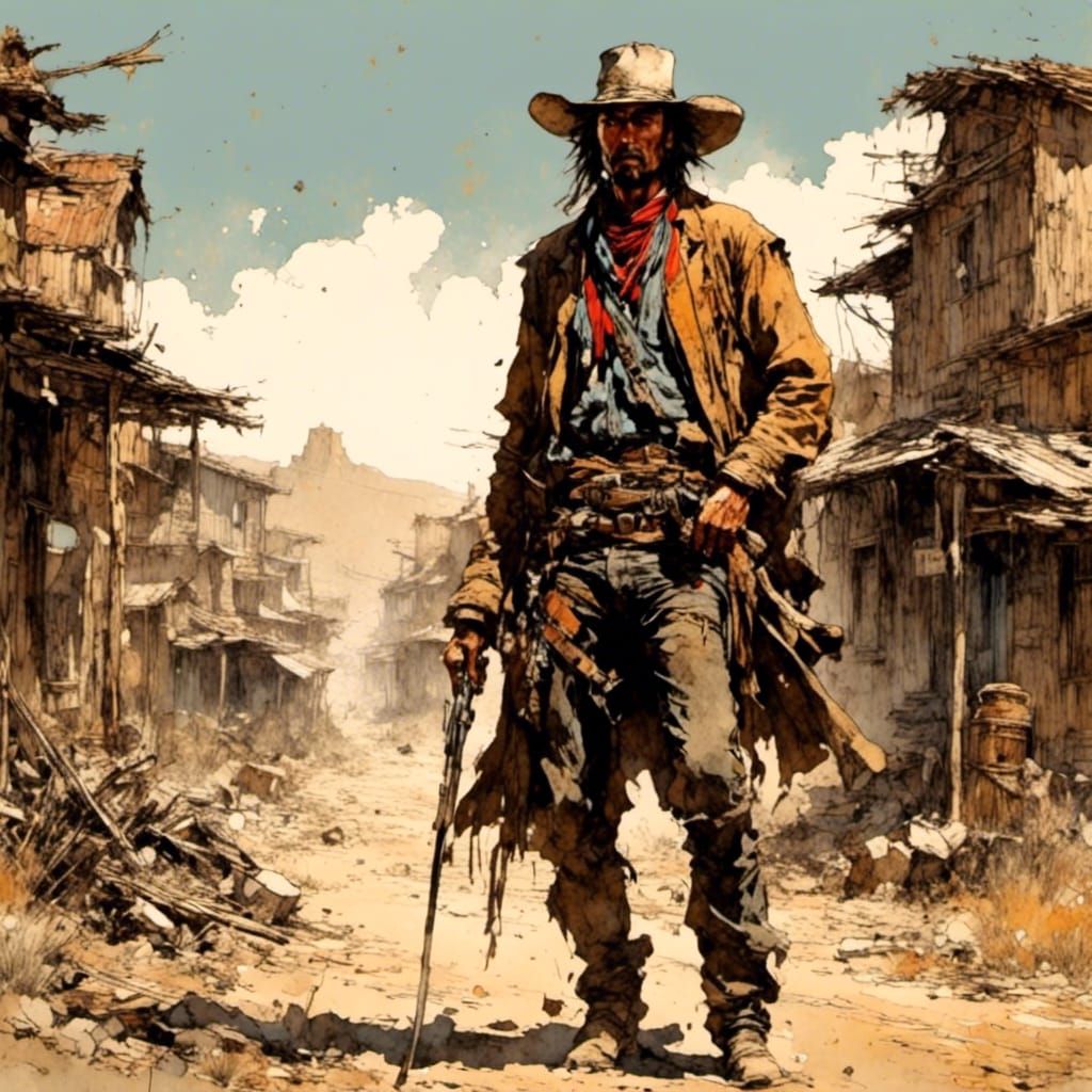 Samurai Gunslinger in Wild West Town at High Noon