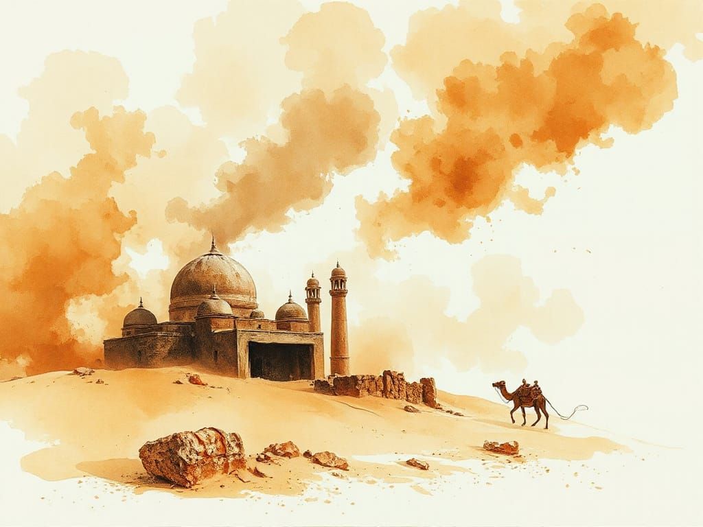 Caravanserai in Khamsin Dust-Storm: Watercolor Art