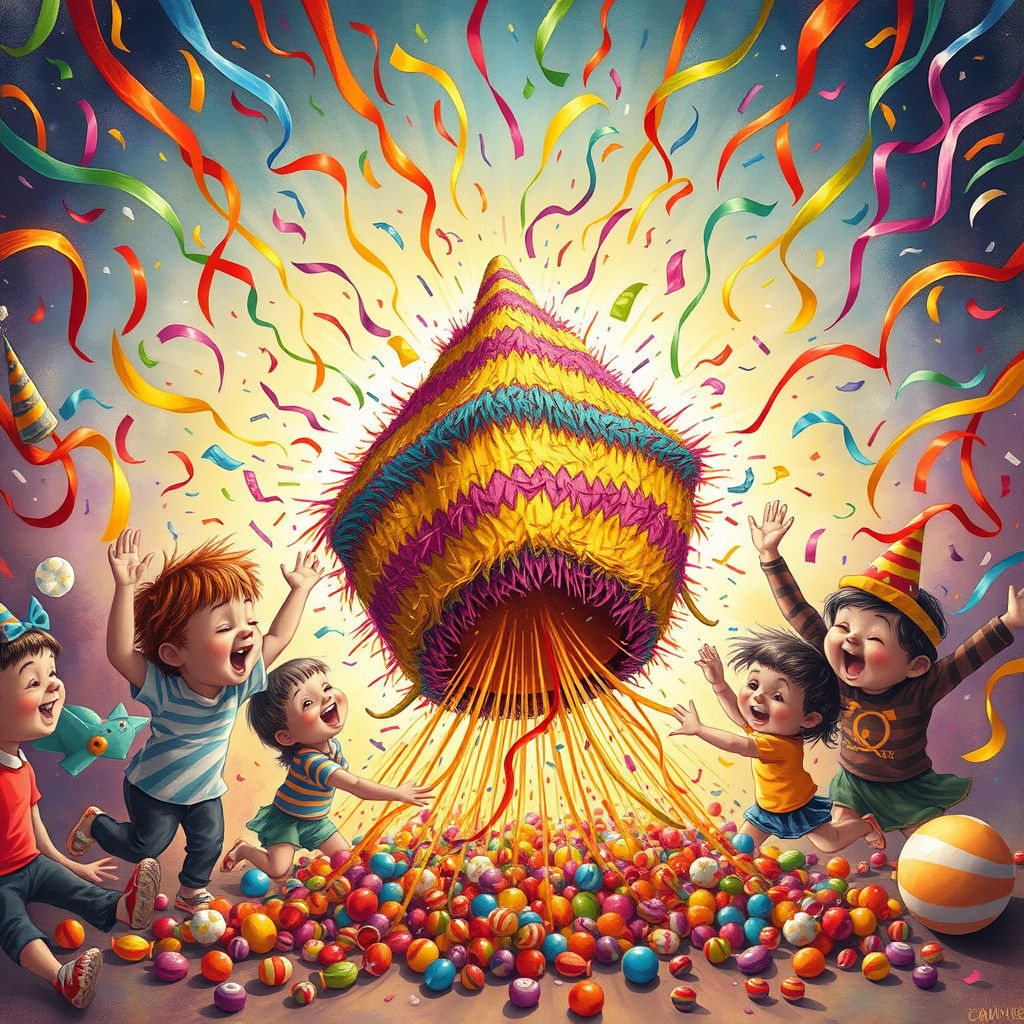 Exploding Piñata with Children, Whimsical Dreamlike Art