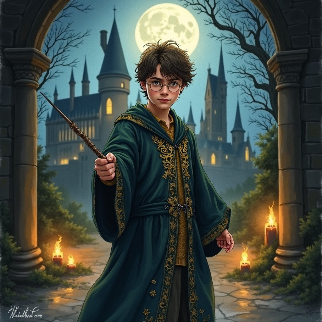 Young Wizard at Hogwarts in Dreamlike Illustration Style