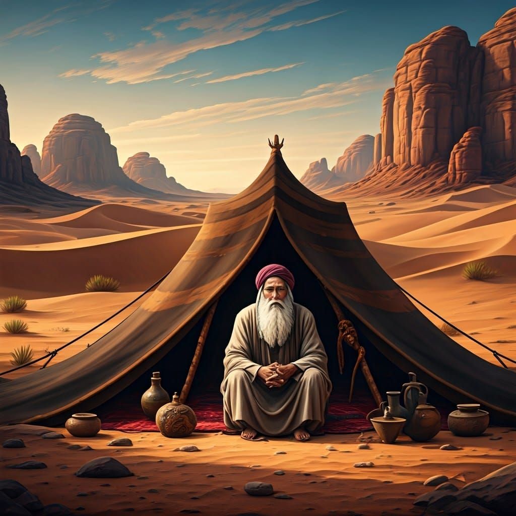 Ancient Patriarch in Desert Tent, Utterly Still and Wistful