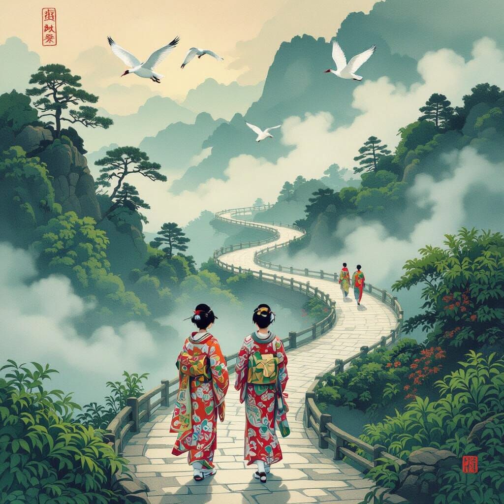 Ethereal Pilgrims on Misty Road in Ukiyo-e Style