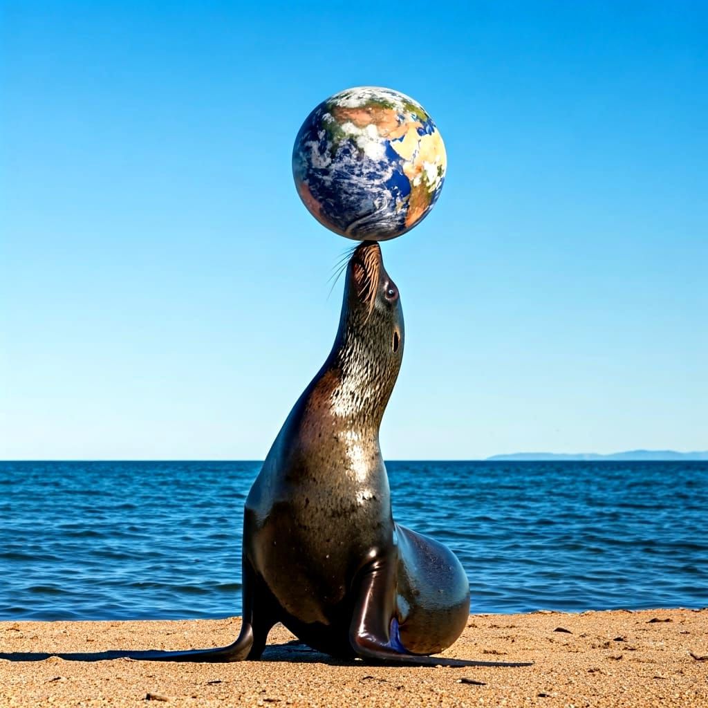 Black Seal Balances Earth on Nose
