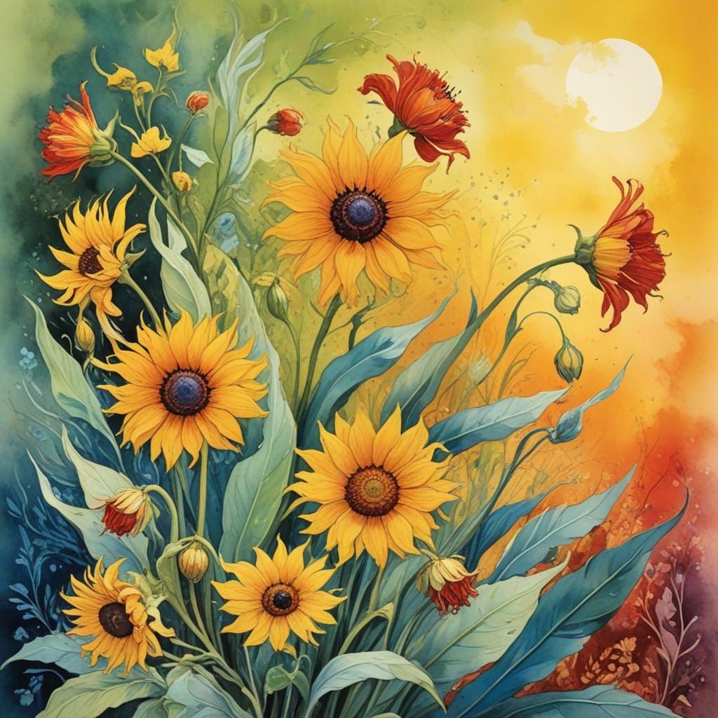 (flowers in a garden:1.1), combining the artistic brilliance of Vincent Van Gogh and Salvador Dali, fine-tuned stylized ...