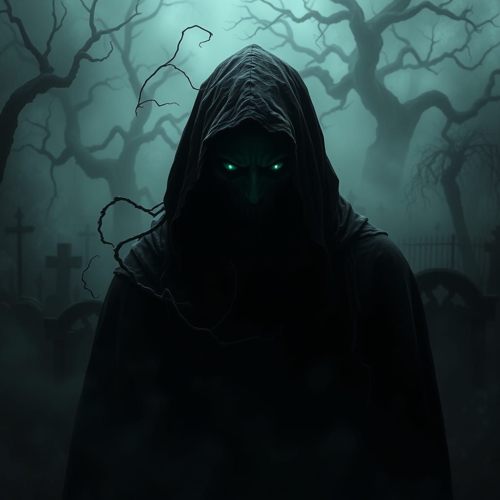 Dark Figure Emerges from Graveyard Shadows in Haunting Surre...