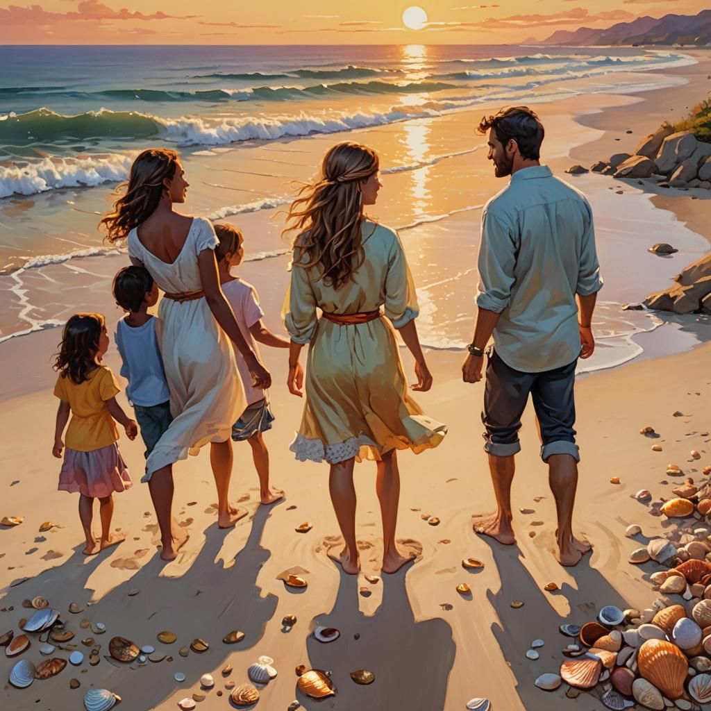 Family at Beach at Sunrise in Vibrant Oil Painting