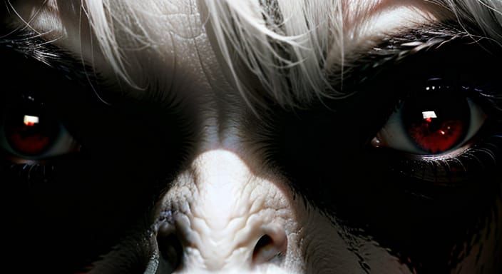 Cinematic Close-Up: Pale Figure with Glowing Eyes