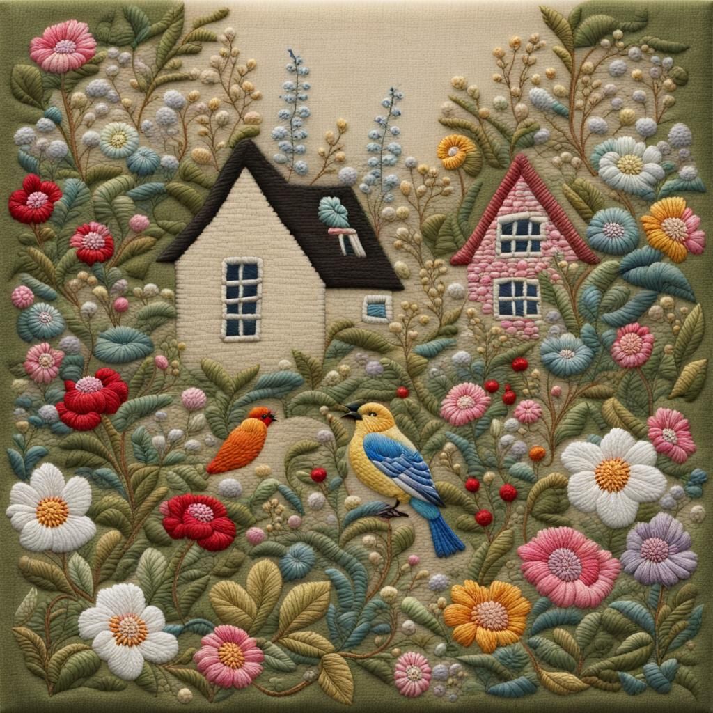 Bird Song in Embroidered Cottage Garden