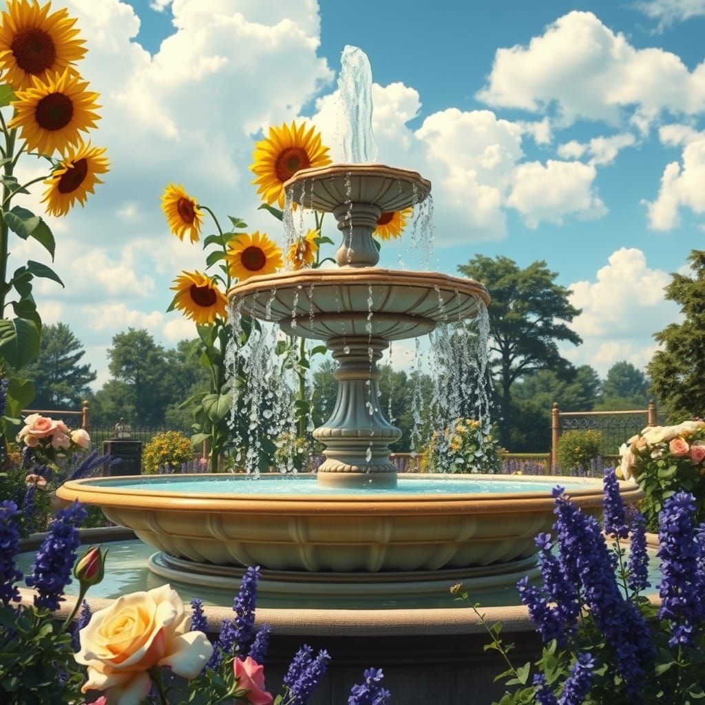 Magnificent Fountain in Lush Garden: Impressionistic Style