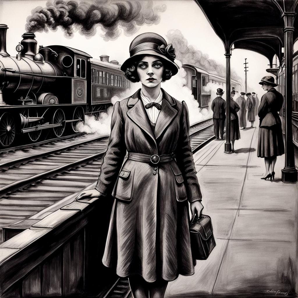 1920s girl waiting for the steam train on the platform.