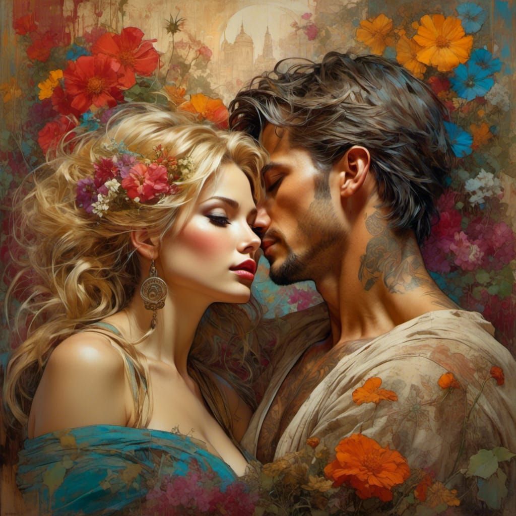 Romantic Garden Embrace in Alphonso Mucha Style