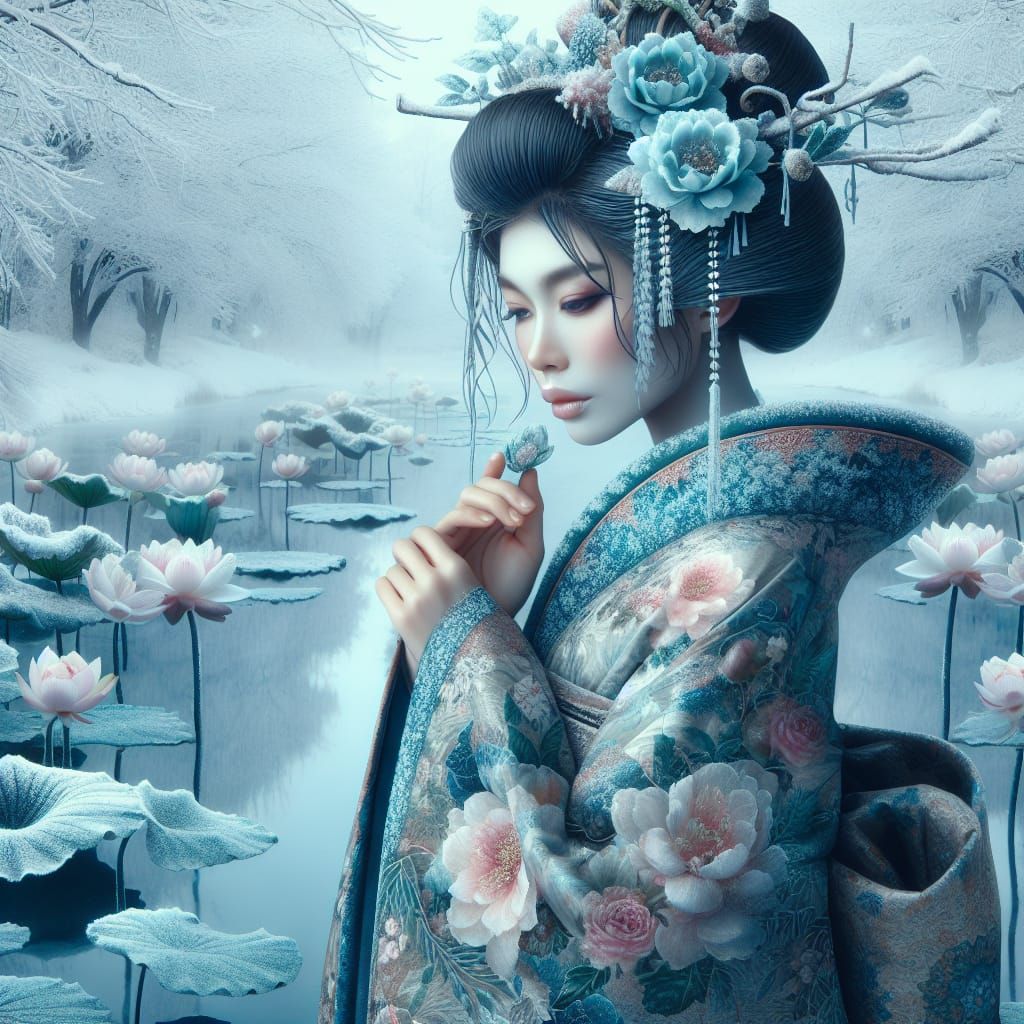 Geisha in Winter Reflection: A Digital Art Piece