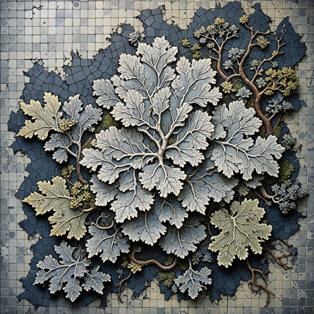 Dark Fantasy Tile Mosaic Artwork in Moody Blues and Greys