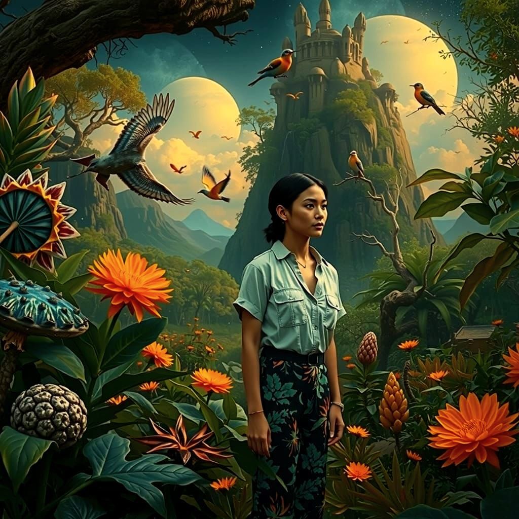Hyperrealistic Woman in Exotic Jungle Landscape