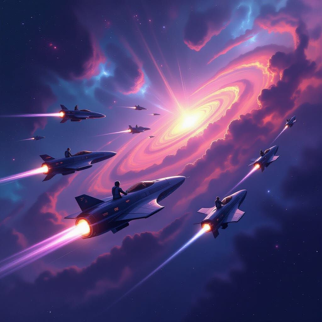Futuristic Spacecraft Fleet Navigates Vibrant Nebula