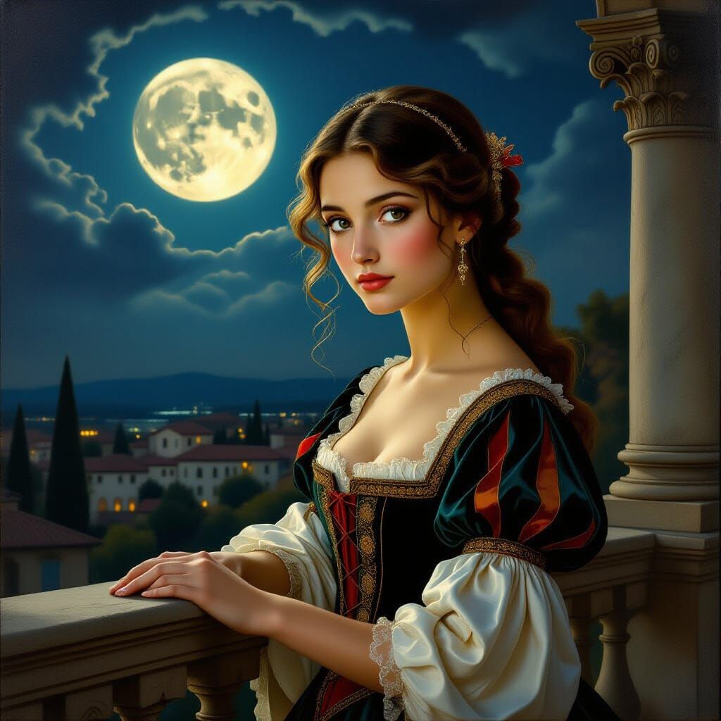 Juliet on Balcony Under Moonlight