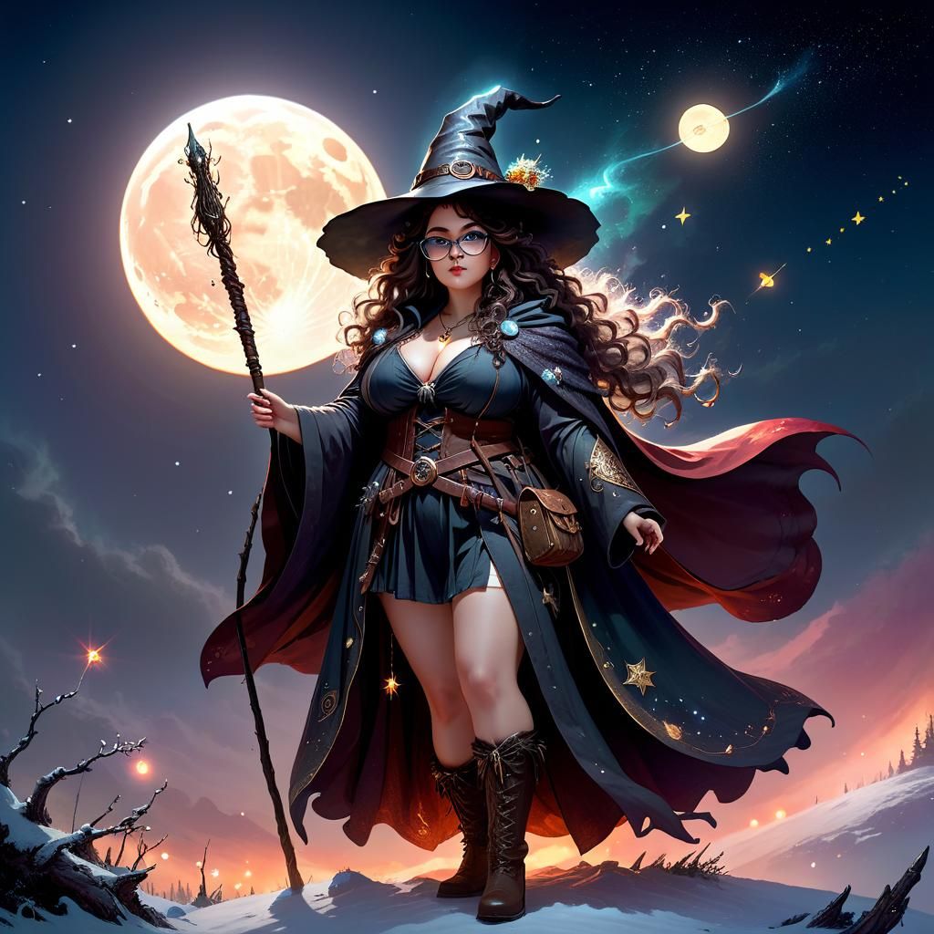 Chubby Druid Witch with Newfoundland Dog Companion