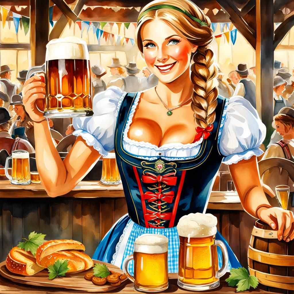 Oktoberfest Woman Serving Beer in Watercolor Style