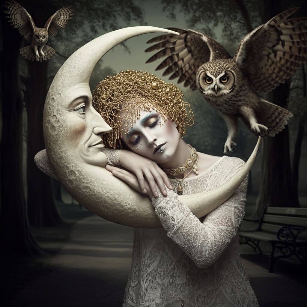 Ethereal Dürer-Inspired Scene of a Woman with Crescent Moon ...