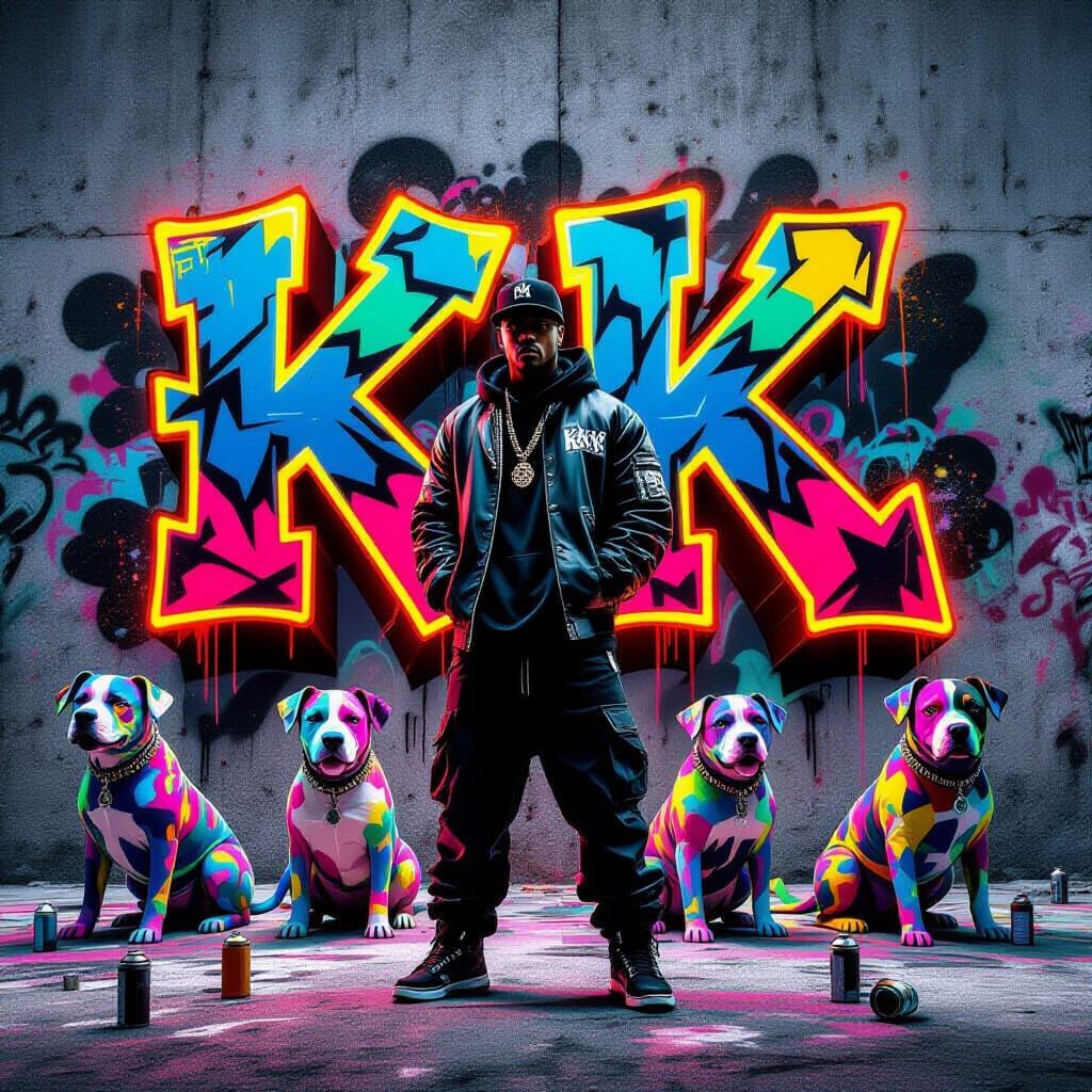 Rapper K Poses Before Vibrant Graffiti Wall with Art Dogs