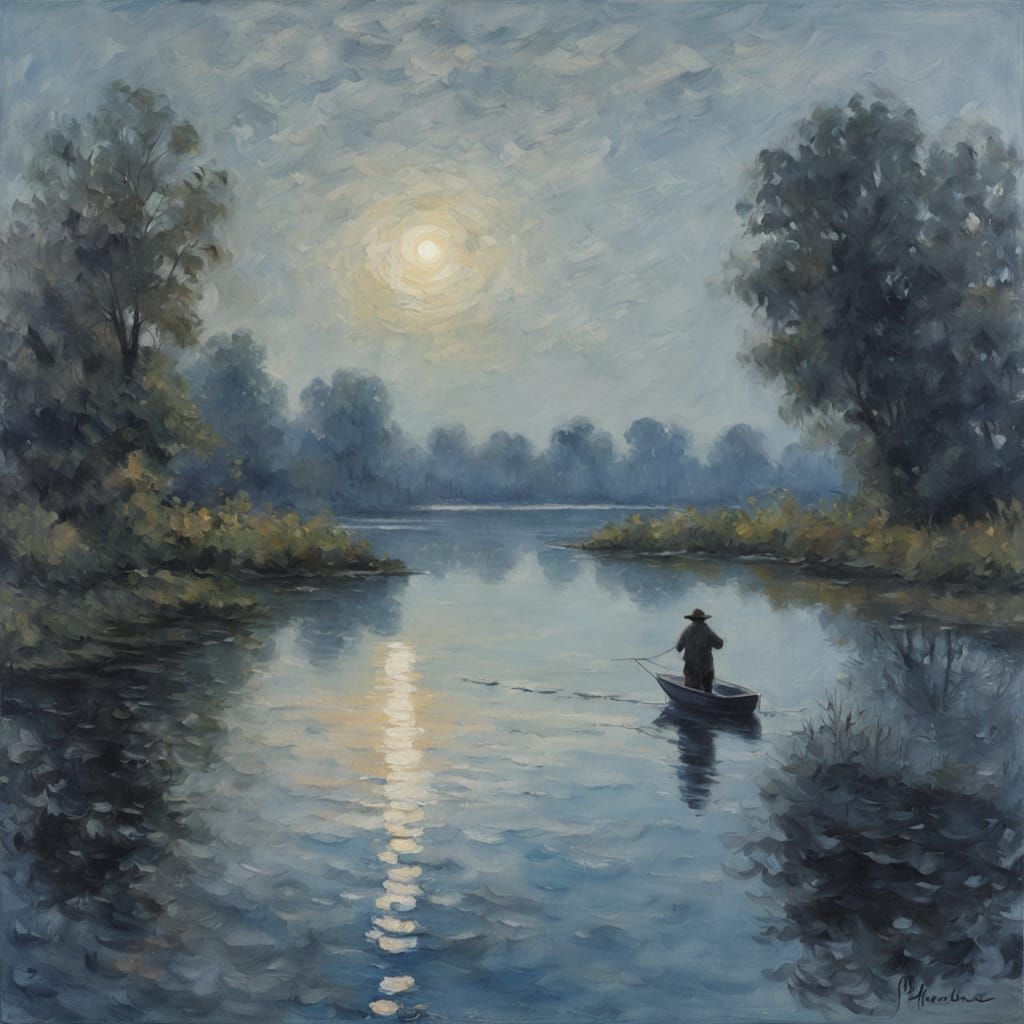 Fisherman Reaches Stars: Impressionist Night Scene