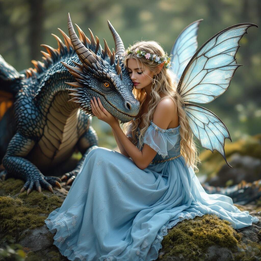 Fairy Embraces Dragon Under Moonlight in Mystical Forest