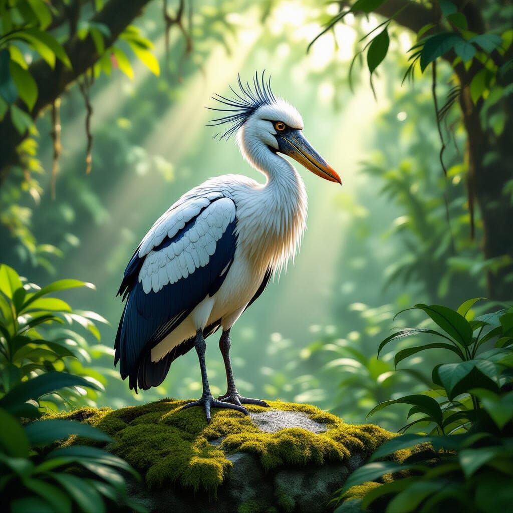 Majestic Shoebill on Ancient Ruin in Sun-Dappled Jungle