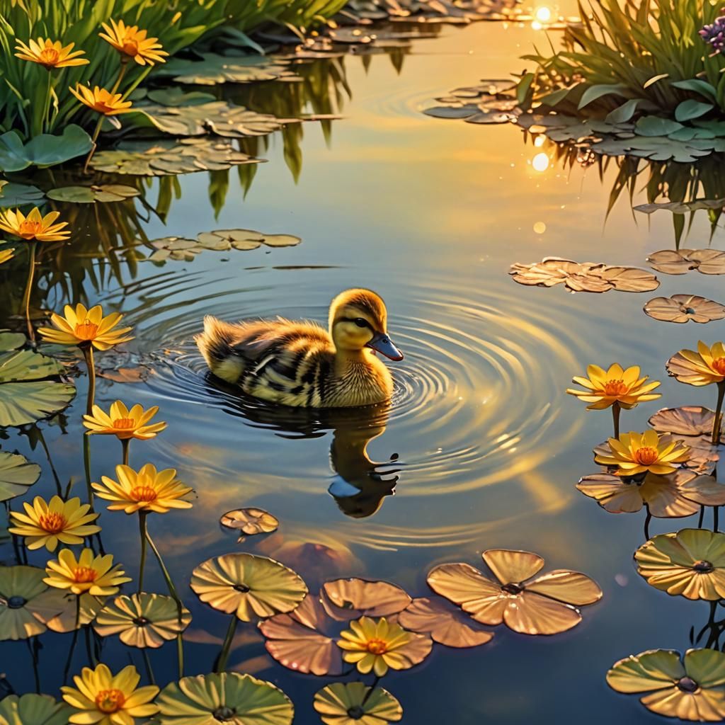 Adorable Duckling in Pond at Sunset, Alcohol Ink