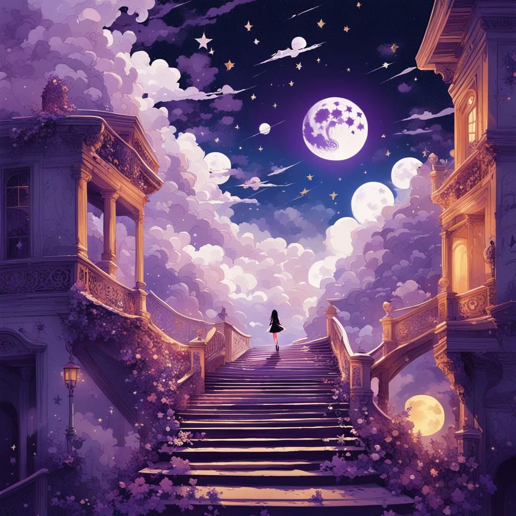 Surreal Staircase Dreamscape with Young Heroine