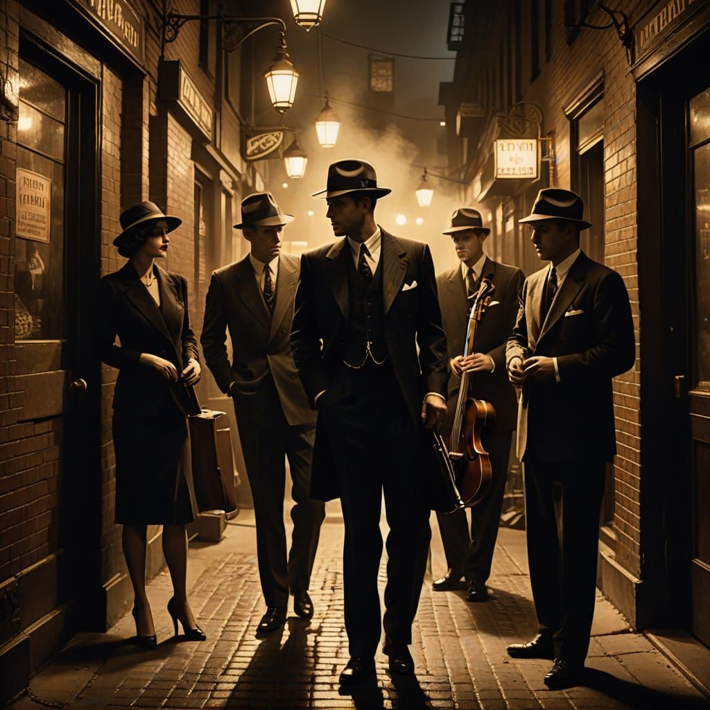 Vintage Speakeasy Scene in Photorealistic Noir Style